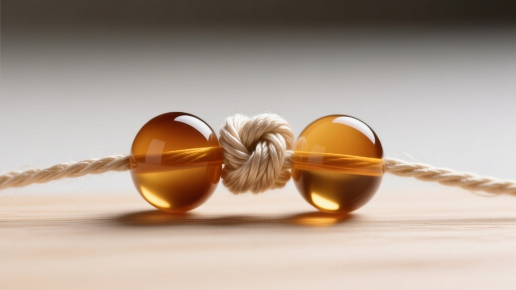 Macro photography of a beige silk thread knot between two round amber beads, showing precise spacing and tension of the stringing.