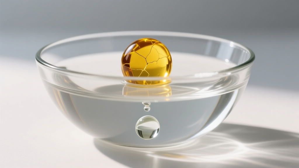 Glass bowl of saturated saltwater showing a genuine yellow amber bead floating at the surface beside a sinking glass bead.