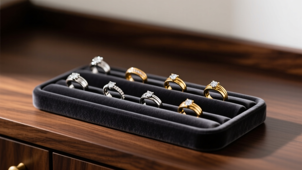 Velvet ring jewelry display stand holding platinum and gold rings on a dark wood vanity, illuminated by soft studio lighting