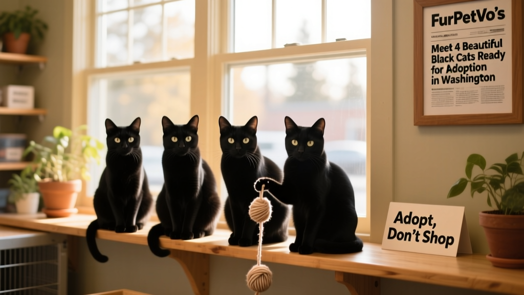 Four friendly black cats sitting side by side on a sunlit window ledge at FurPetVo’s adoption center in Aberdeen, Washington