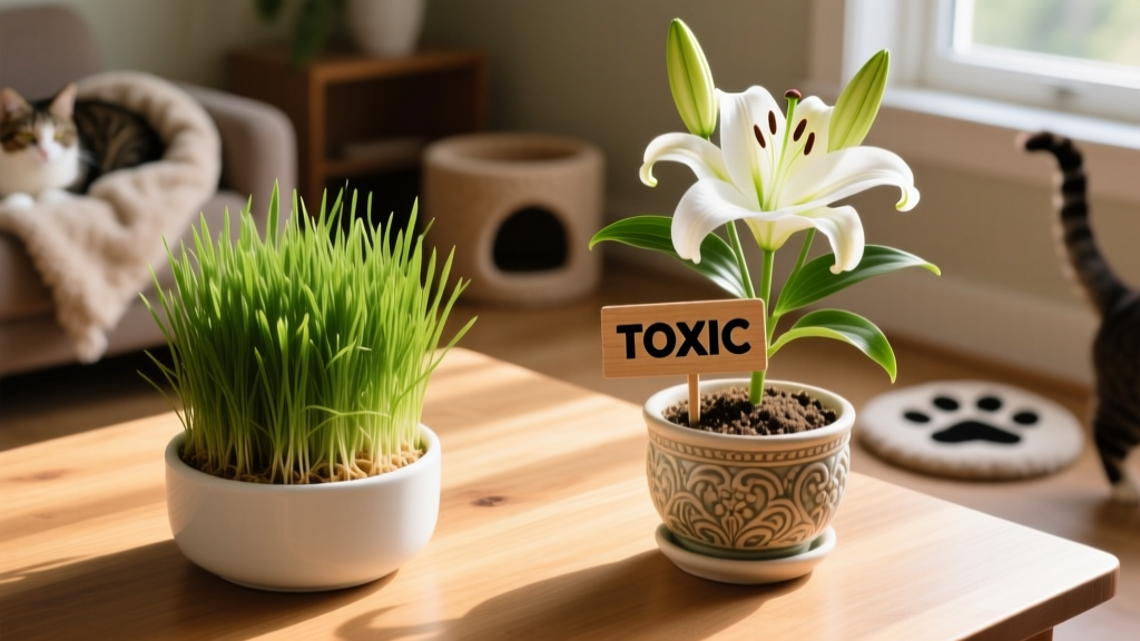 Side-by-side comparison: a thriving, safe wheatgrass pot next to a labeled 'toxic' lily plant in a decorative ceramic planter