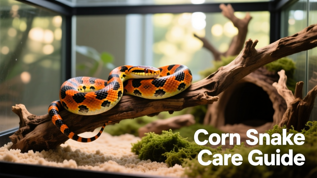 Healthy adult corn snake coiled calmly on a naturalistic branch in a well-furnished terrarium