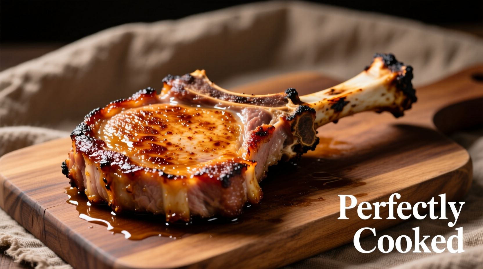 Perfectly cooked bone-in pork chop with golden crust