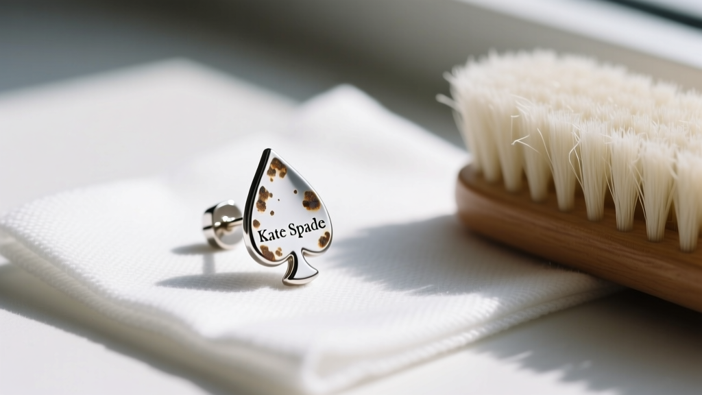 Macro shot of a tarnished Kate Spade silver spade logo stud earring resting on a microfiber cloth next to a soft polishing brush
