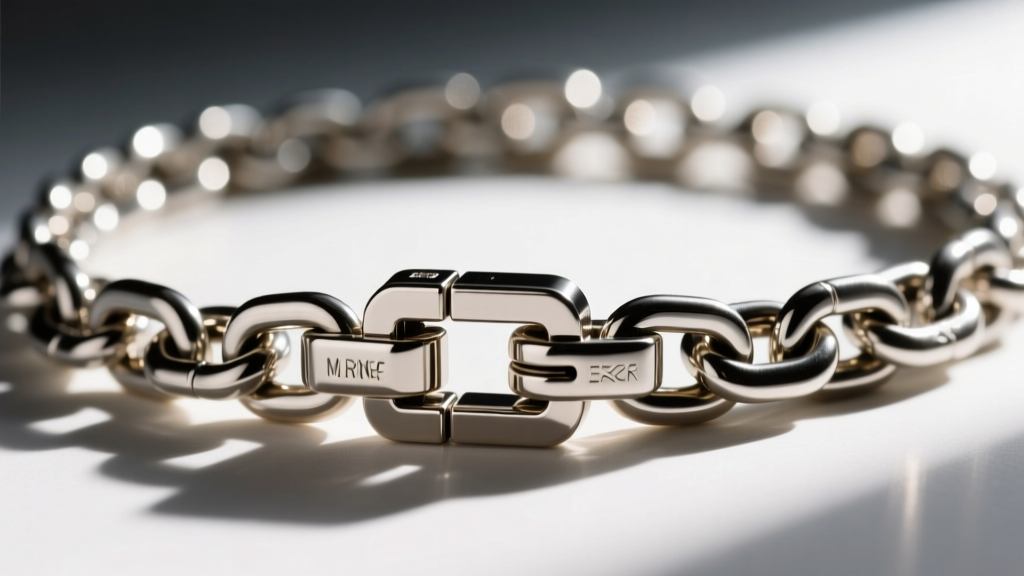 Macro shot of a box clasp with safety catches on a thick mariner chain link necklace, highlighting the secure locking mechanism.