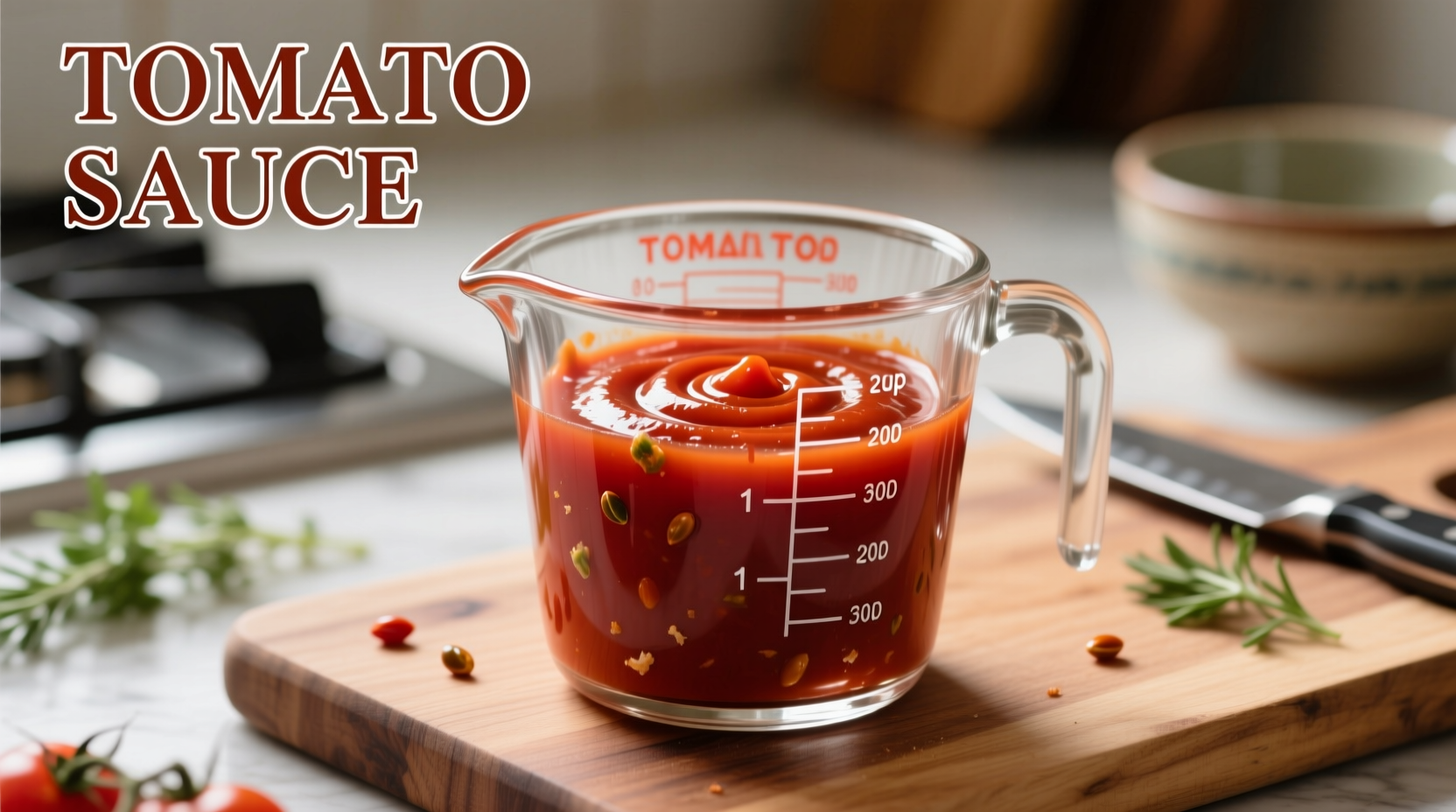 Measuring cup filled with tomato sauce