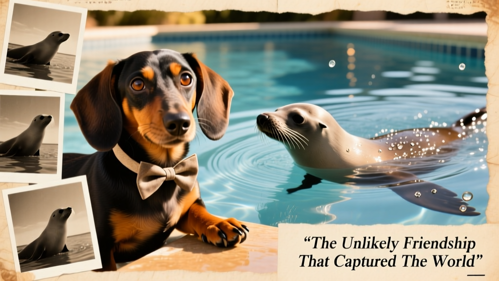 A playful photo collage showing Stanley in his bow tie alongside archival images of Aayla swimming gracefully in her sanctuary pool
