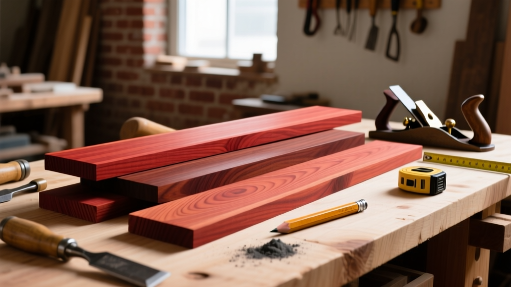 Close-up of various reddish timber planks including redwood, mahogany, and cedar, arranged on a workbench with woodworking tools and natural light