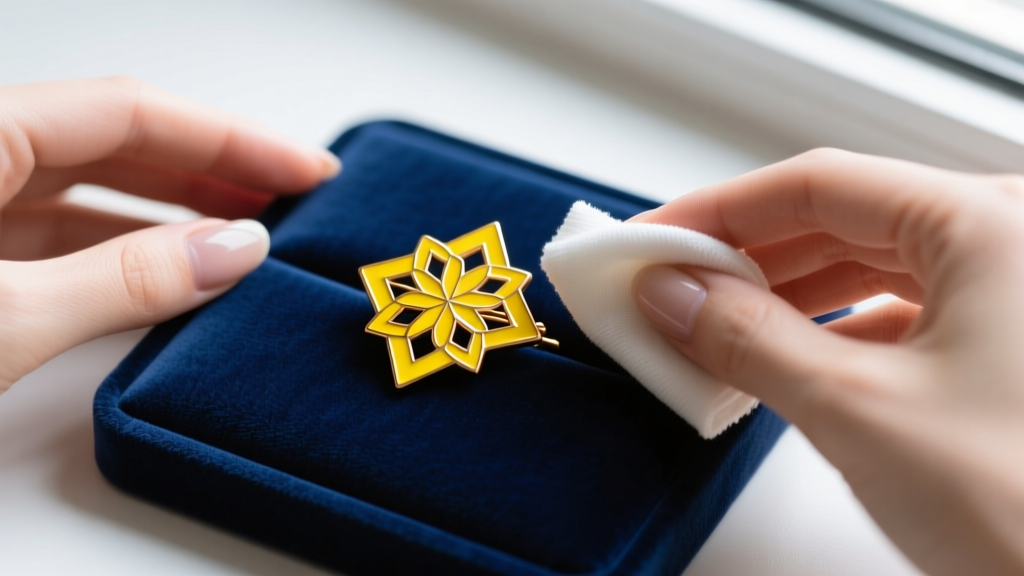 Hands gently wiping a bright yellow enameled copper brooch with a microfiber cloth, placed on a soft velvet jewelry display pad