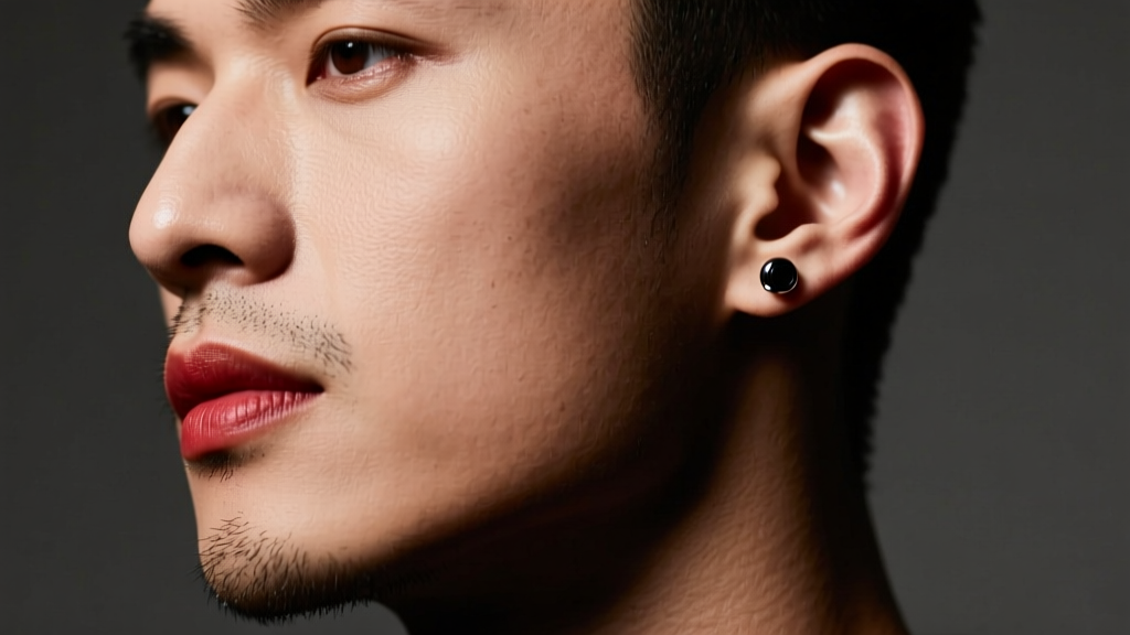 Close-up of a masculine jawline with a single 16g black titanium threadless stud in the right ear lobe under moody studio lighting.