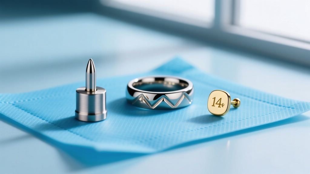 Macro shot of sterile jewelry: an ASTM titanium labret, a niobium ring, and a 14k gold stud resting on a blue medical prep pad.