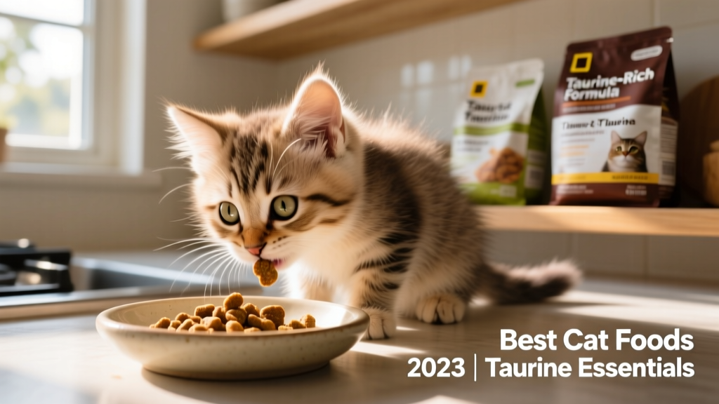 Small kitten eating from a shallow dish filled with bite-sized kibble