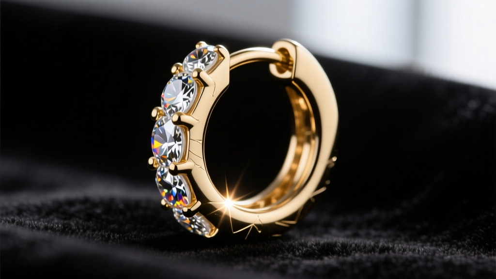 Macro shot of a 14k white gold huggie earring featuring prong-set moissanite stones catching light against a dark velvet backdrop