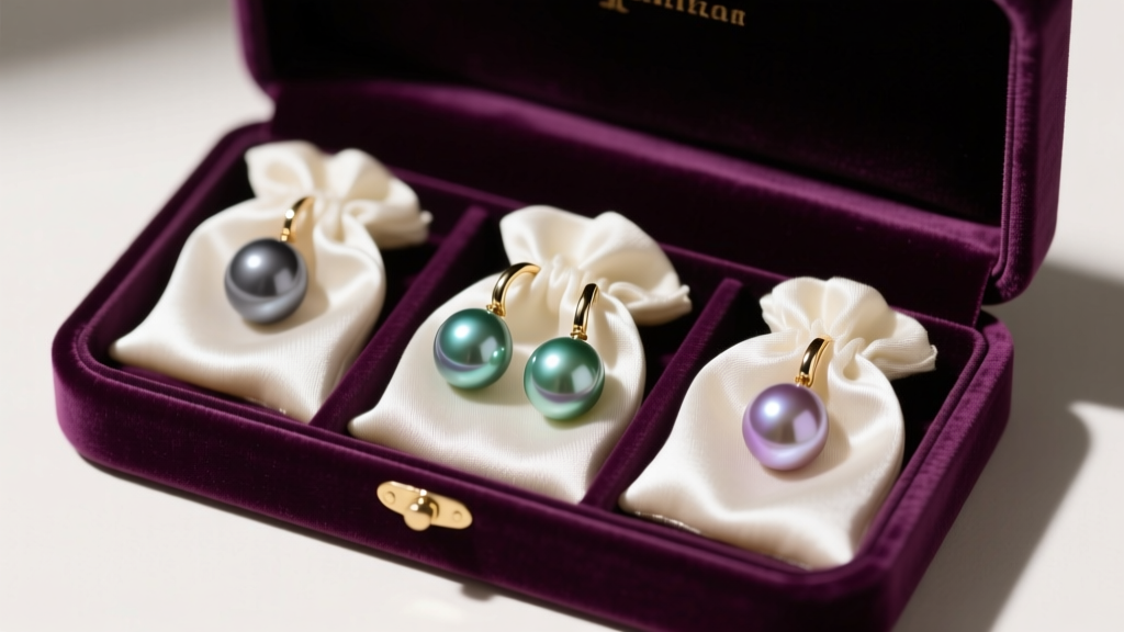 Velvet jewelry box showing Tahitian pearl hoop earrings tucked inside individual soft silk pouches to prevent surface scratching.