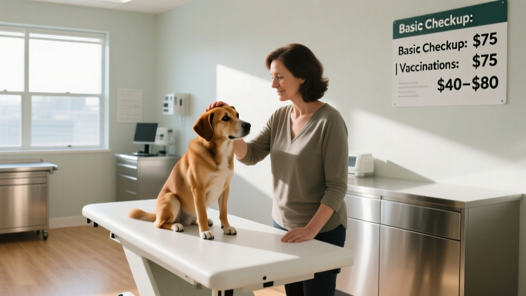 A calm dog sitting beside its owner during a routine veterinary exam in a bright, clean clinic room