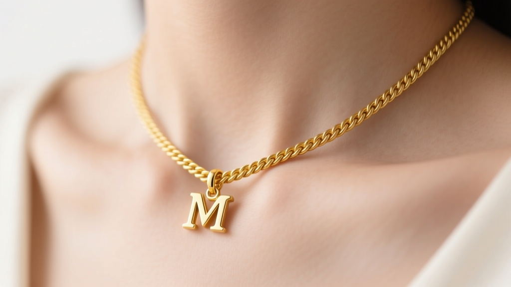 Macro shot of a 14k yellow gold cable chain with a lowercase initial M pendant resting on a collarbone in soft light