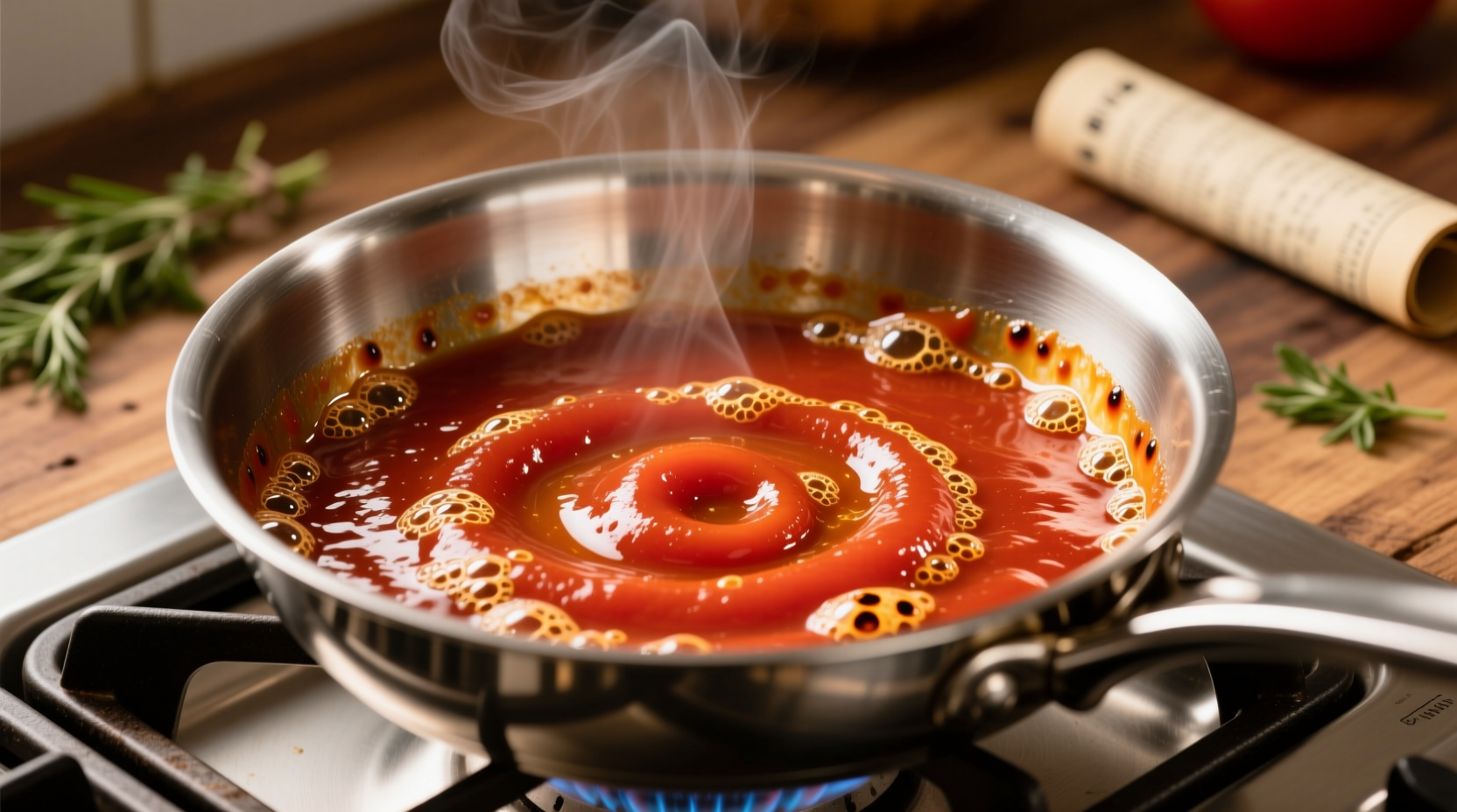 Tomato sauce reducing in stainless steel saucepan