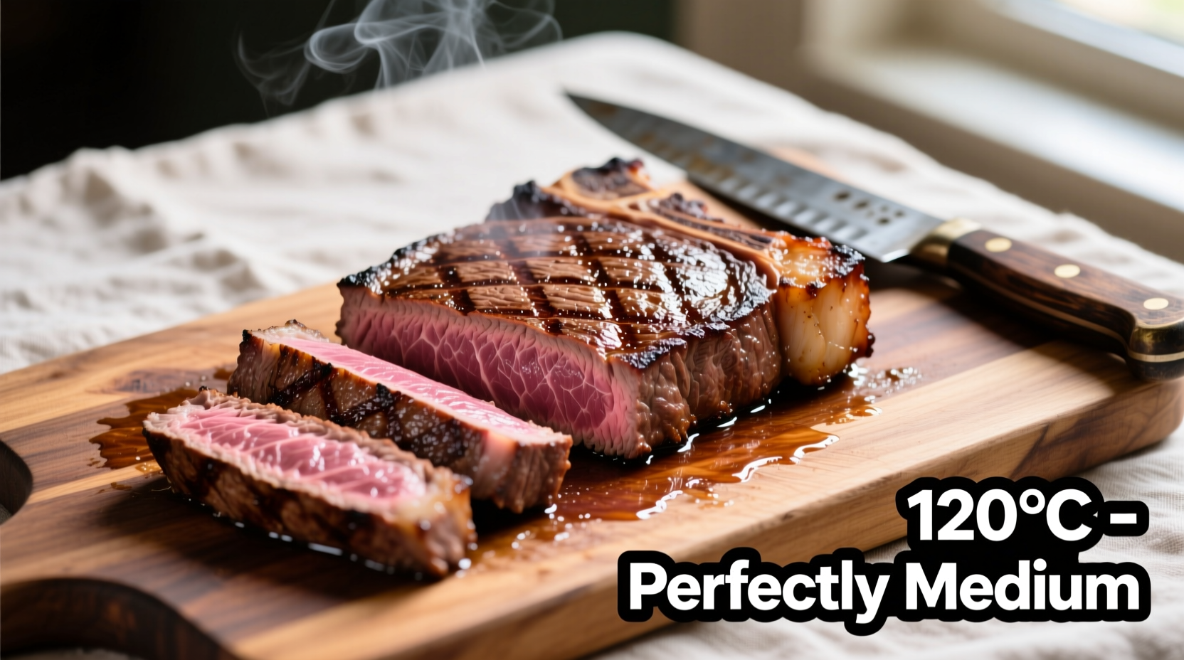 Perfectly cooked New York strip steak on cutting board
