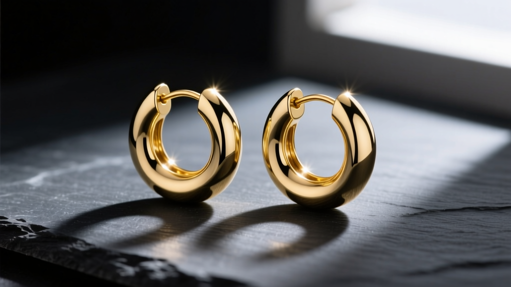 Close-up of 14k yellow gold chunky hoop earrings, 15mm diameter with polished finish, resting on dark slate with dramatic lighting