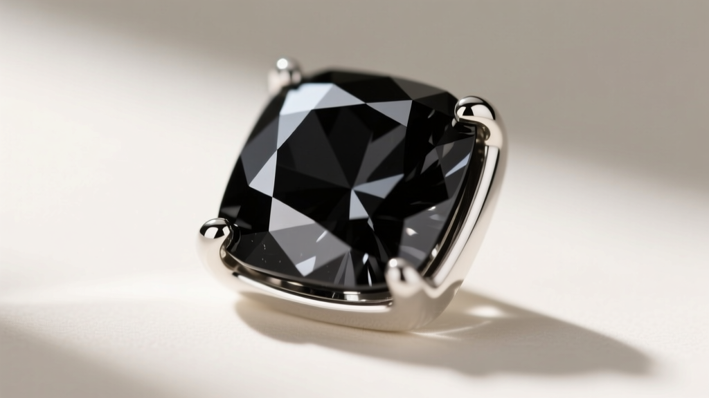Close-up of a rose-cut black diamond in an 18k white gold bezel setting, highlighting the opaque luster and smooth girdle edge.