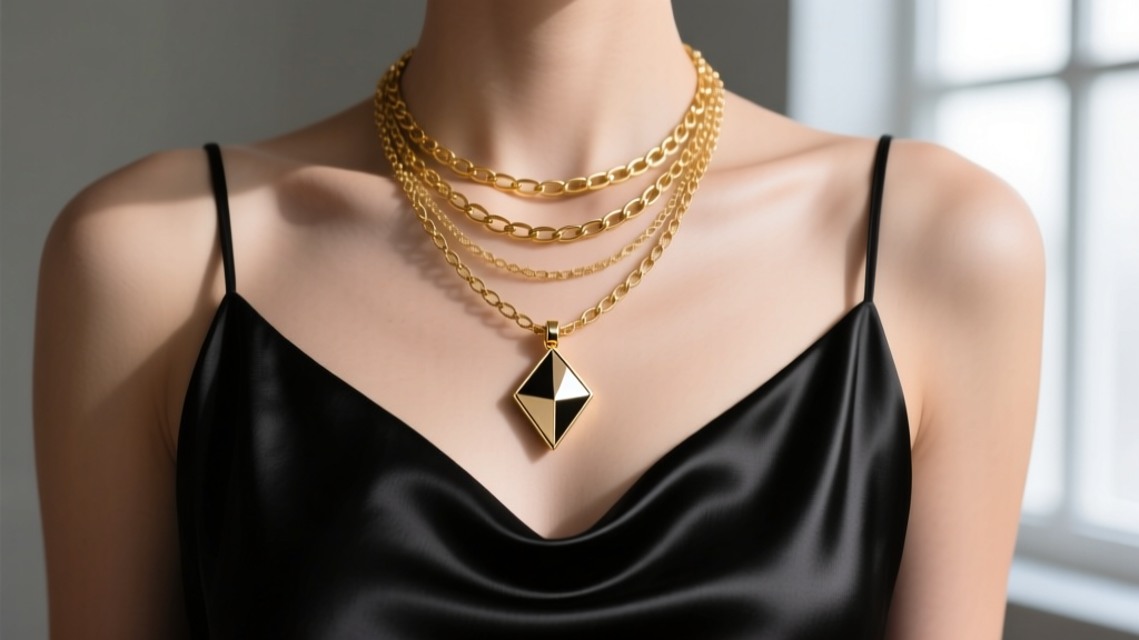 Close-up of black silk slip dress neckline featuring a layered 14k gold lariat necklace with a smooth bezel-set geometric pendant.