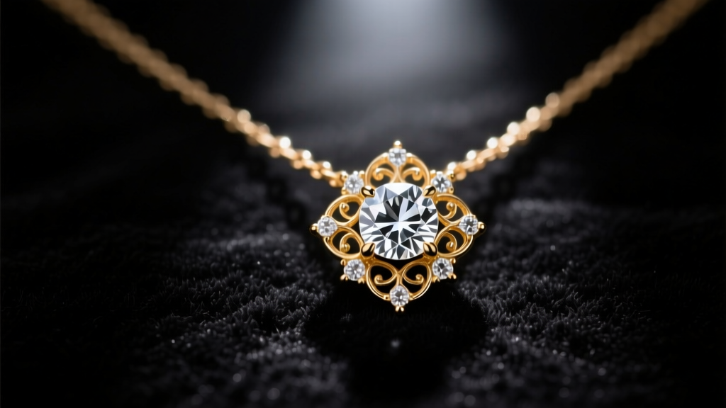 Close-up of a vintage-style diamond pendant necklace resting on dark velvet, illuminated by a single spotlight to show brilliance.