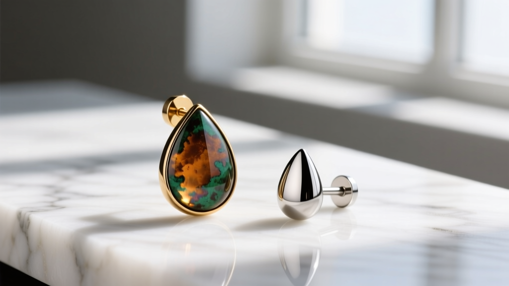 Oxidized brass water droplet earring shown next to a polished 316L surgical steel teardrop stud on a clean white marble surface.