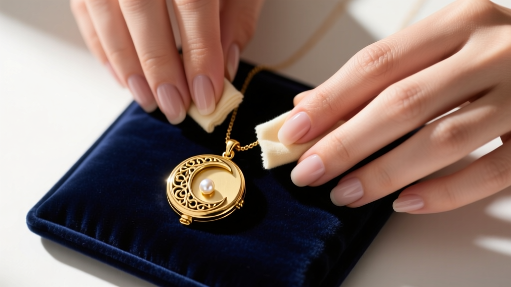 A pair of hands gently polishing a vintage 14k gold moon locket necklace with a microfiber jewelry cloth on a dark velvet pad.