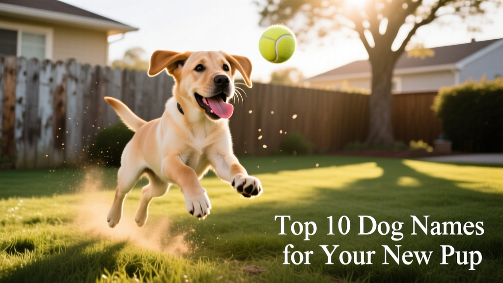 A spirited young male Labrador puppy mid-leap, tongue out, chasing a tennis ball in a backyard