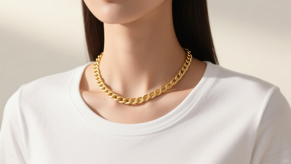 Delicate 18 inch length gold cable chain necklace resting perfectly on a collarbone over a white crew-neck t-shirt in soft lighting