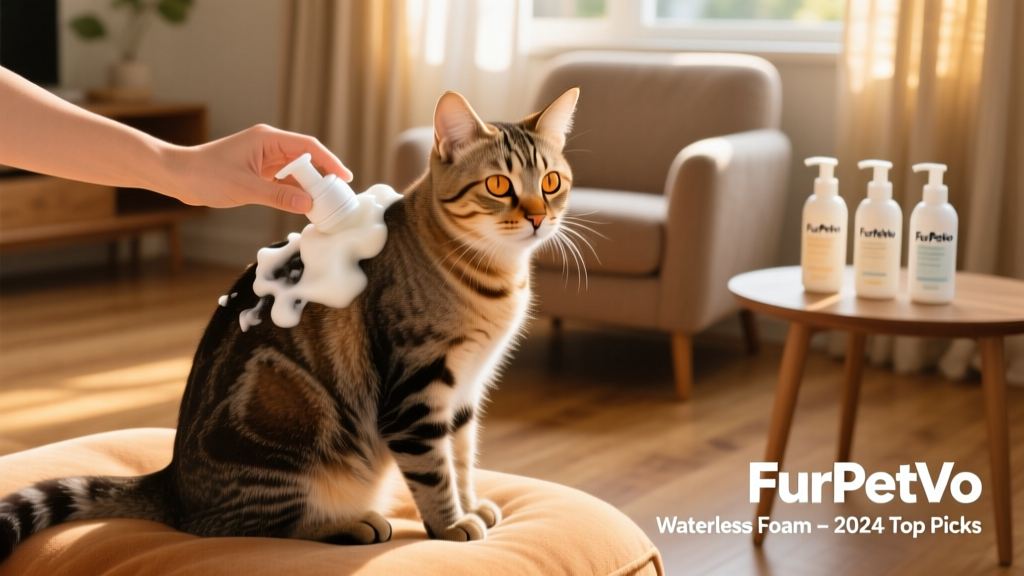 A relaxed tabby cat sitting on a lap while a hand applies FurPetVo waterless foam to its shoulder and back