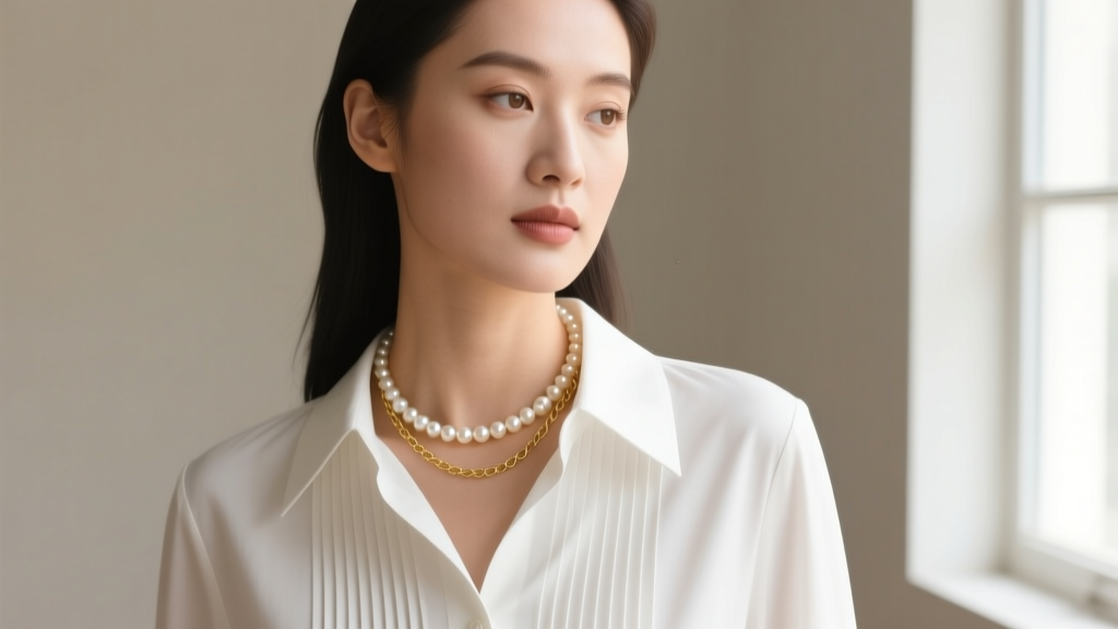 Editorial portrait of a woman wearing a layered pearl choker and delicate gold chain over a crisp white poplin button-down shirt