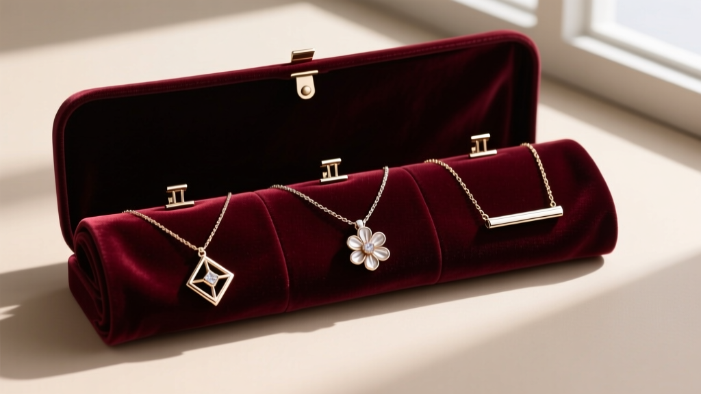 An open velvet jewelry roll displaying three separate collarbone necklaces pinned securely to prevent tangling during travel