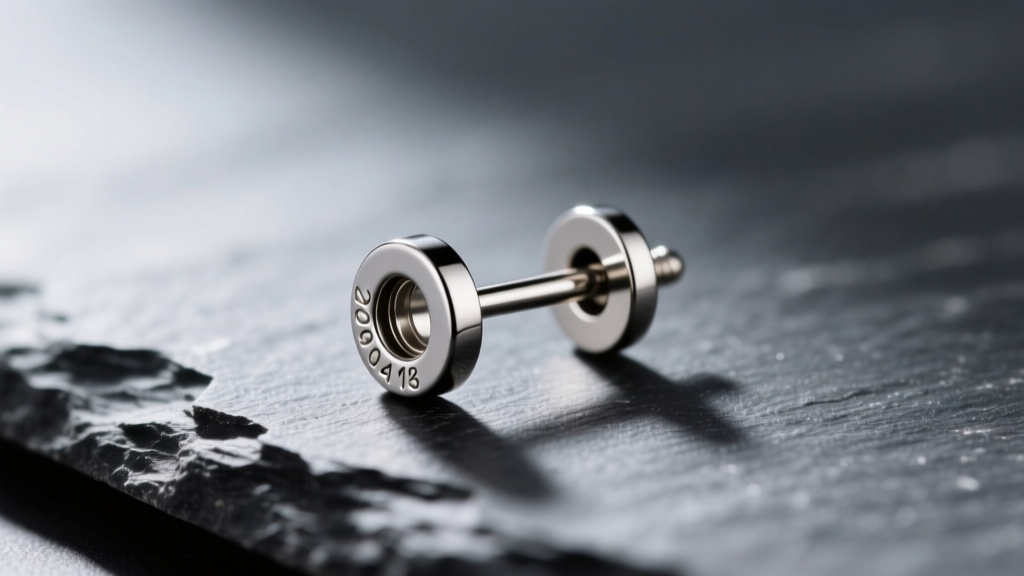 Close-up of a 22-gauge titanium stud earring on dark slate, showing the ultra-thin 0.64mm post and a secure friction backing.