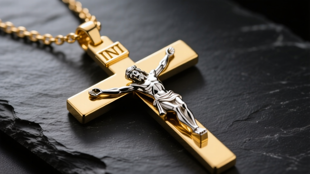 A 14k yellow gold Catholic crucifix necklace on dark slate, highlighting the detailed silver corpus and engraved INRI plaque.