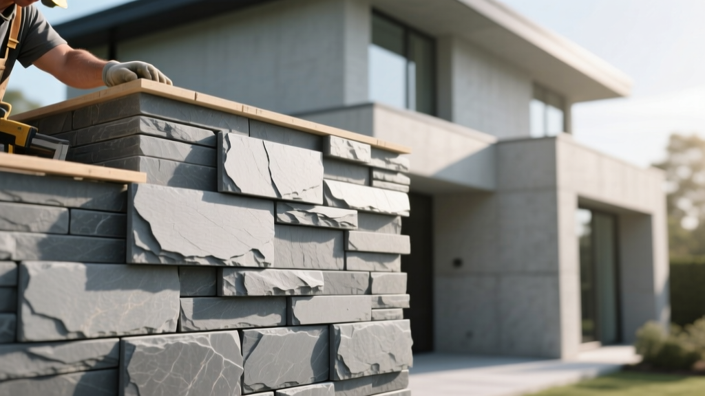 Close-up of interlocking stackable stone veneer panels in slate gray being dry-stacked onto a modern exterior house facade by a contractor