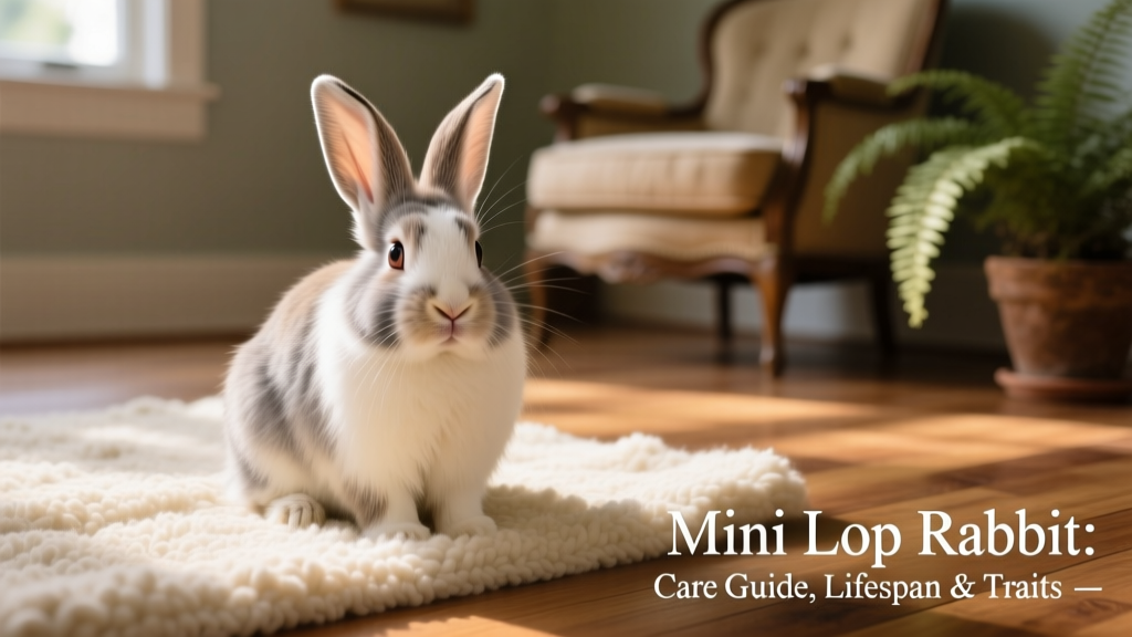 A friendly Mini Lop rabbit sitting on a soft rug, ears flopping gently over its shoulders
