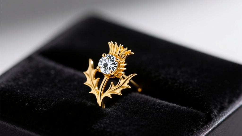 Close-up of a 14k yellow gold thistle-motif piercing end with a bezel-set diamond on a dark velvet pad under soft studio lighting