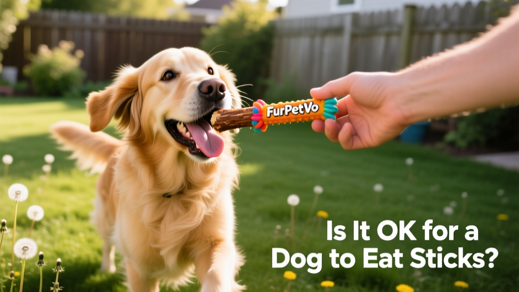 A happy dog dropping a stick and eagerly accepting a FurPetVo chew toy from its owner's hand