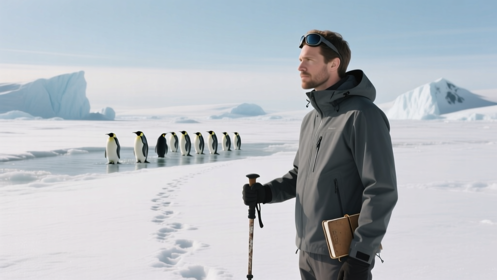 Jon Levy posing for a photo in Antarctica with penguins nearby
