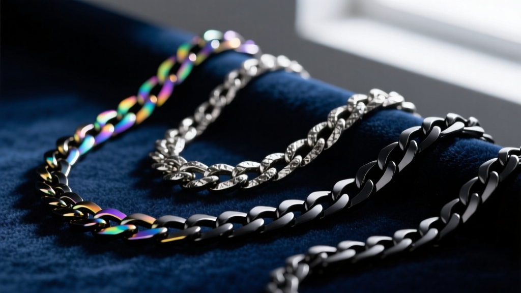 Macro photo of three black metal necklace chains: PVD titanium, oxidized silver, and matte black tungsten carbide links on velvet
