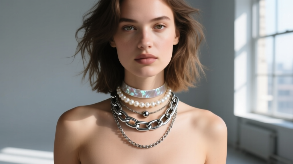 Model wearing a layered 90s grunge necklace stack featuring a 3mm steel ball chain, pearl choker, and a thick silver cuban link.