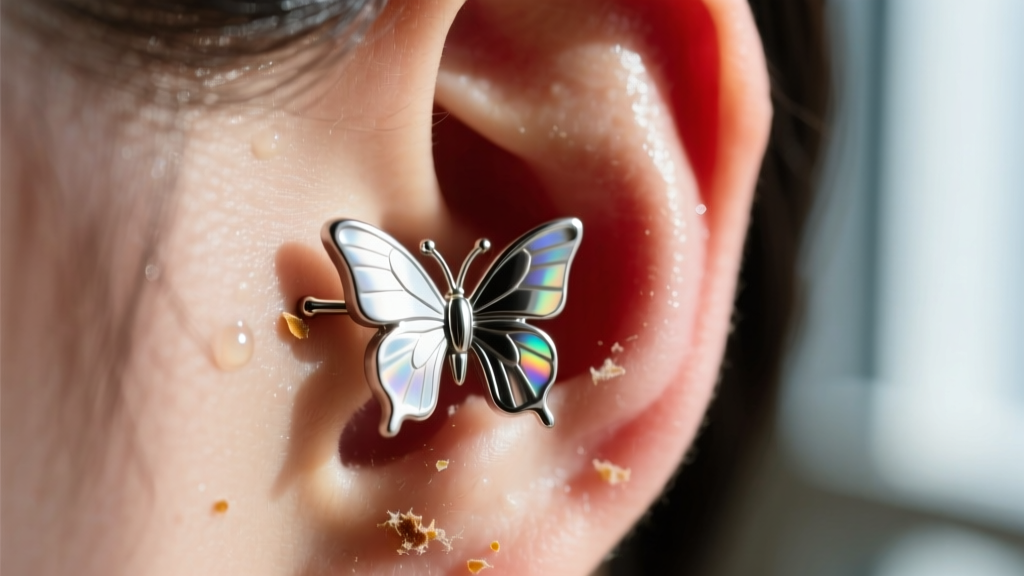 Close-up of a metal butterfly earring clutch pressing into a swollen earlobe, showing trapped moisture and debris near the post.