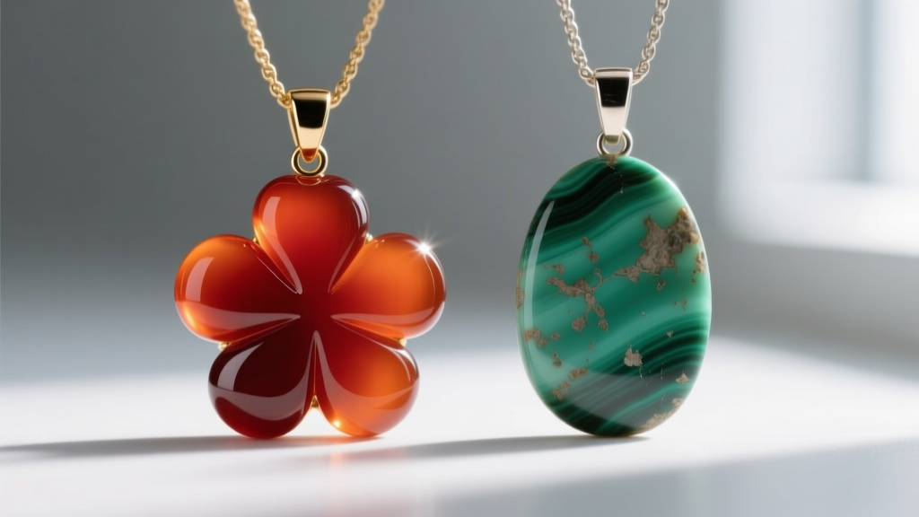 Polished carnelian clover pendant beside a dulled malachite pendant, showing the visible effects of improper jewelry cleaning.