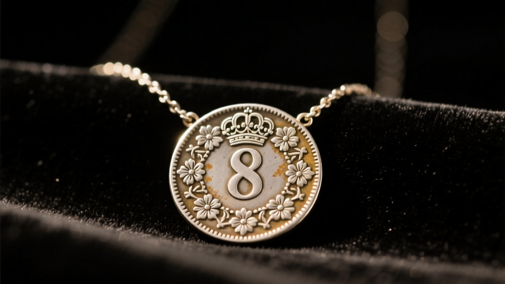 Close-up of a vintage Spanish 8 Reales silver coin necklace resting on dark velvet, illuminated by warm directional lighting