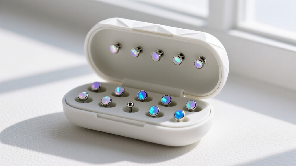 Compact hard-shell EVA travel earring case with snap-in silicone posts securing 14g threadless ends and small opal studs