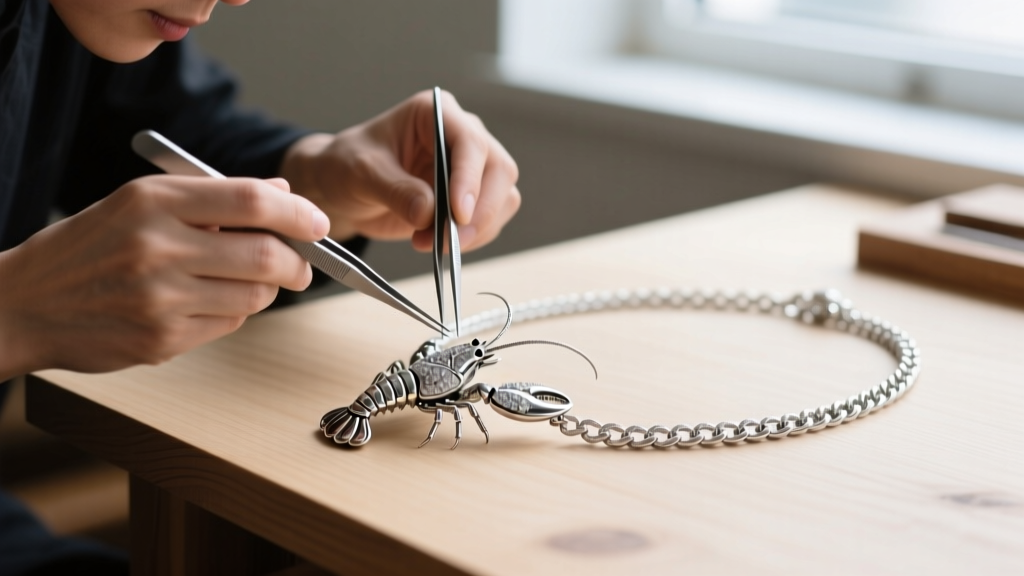 Jeweler inspecting a heavy lobster clasp on a 28 inch silver opera chain necklace with tweezers on a wooden workbench