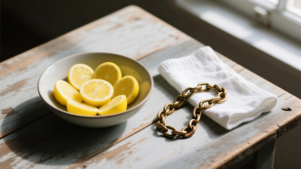 Overhead view of a bowl with lemon and salt, next to a tarnished brass chain and a microfiber cloth on a rustic wooden table.