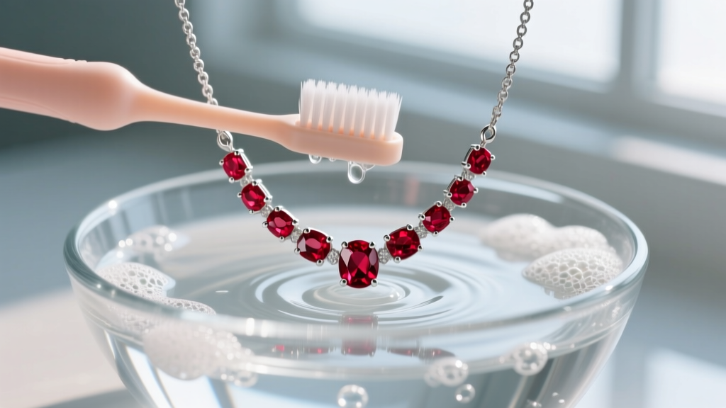 Close-up of a soft baby toothbrush gently cleaning a platinum ruby tennis necklace in a bowl of mild soapy distilled water