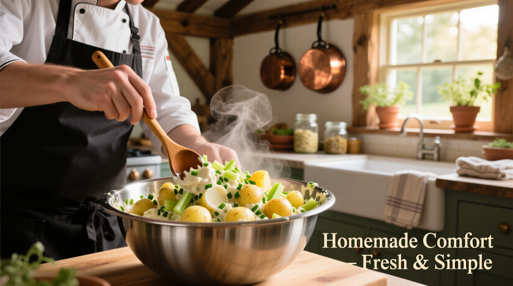 Chef mixing creamy potato salad in stainless steel bowl